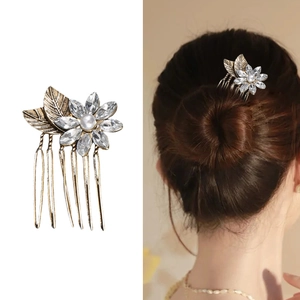 Vintage Alloy Rhinestone Flower Hair Comb With Faux Artificial Pearl Gold Leaf Hair Accessory For Wedding Party Women Hair Jewelry