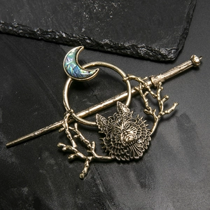 Gothic vintage wolf head hair stick with crescent moon inlay and coral twig details