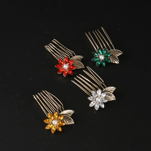 Vintage crystal flower hair combs set in bronze alloy with pearls and colorful stones