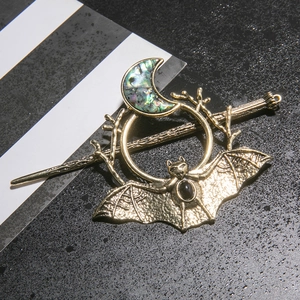 Gothic bat and crescent moon hair stick in vintage bronze with iridescent inlay