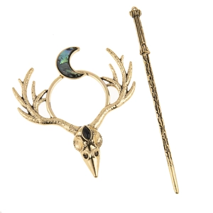 Gothic Viking Hair Stick Antique Gold Silver Alloy Crow Skull Antler Moon Shell Teardrop Gem Hair Pin For Women Party Jewelry