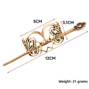 Close-up of bronze Celtic knot hair stick and clip set with detailed dimensions and weight