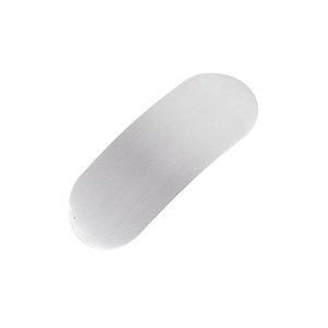 Détail macro de la palette de maquillage ovale en acier inoxydable fini brossé
