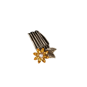 Vintage bronze flower hair comb with orange crystals and a center white pearl inlay