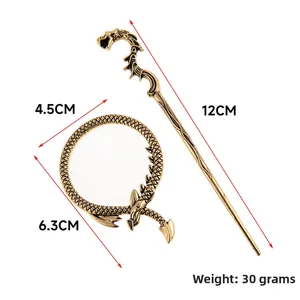 Detailed size specifications for vintage bronze dragon hair pin and matching hair ring
