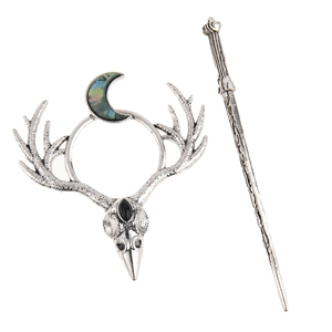 Gothic antler skull hair clip with black teardrop gemstone and crescent moon details