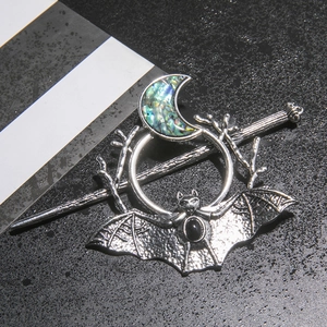 Gothic silver hair stick featuring bat and crescent moon design with abalone shell inlay
