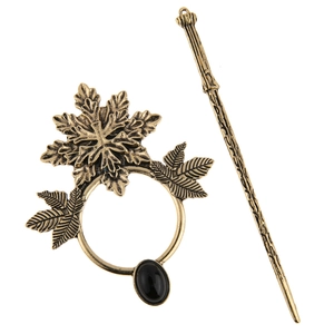 Vintage bronze maple leaf hair pin set with a black oval gemstone in punk style