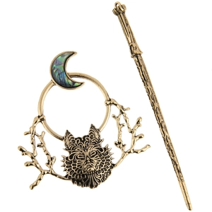 Vintage Gothic Wolf Head Moon Branch Hair Stick Alloy Abalone Shell Inlay Retro Hair Slide Pin Accessory For Women Jewelry