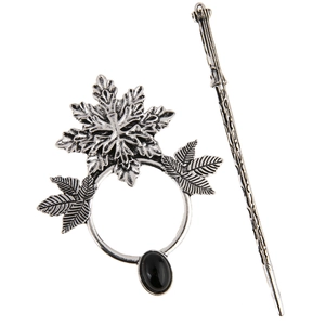 Macro shot of Gothic punk maple leaf hair pin with vintage silver finish and black stone