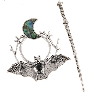 Gothic Bat Moon Abalone Shell Hair Stick Circular Base Antique Alloy Branch Hair Fork For Halloween Party Women Jewelry