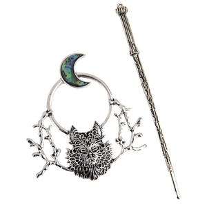 Gothic vintage silver hair slide set featuring a wolf totem and crescent moon design