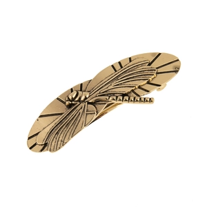 Detailed close-up of vintage bronze dragonfly hairpin with intricate wing textures