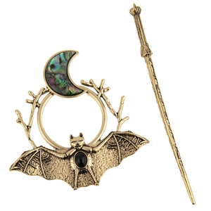 Gothic bat and moon hair pin set with abalone shell and black gem in vintage gold
