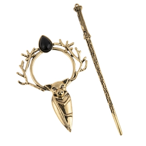 Gotisches Haarnadel-Set in Gold mit Fledermaus- und Geweih-Design und schwarzem Edelstein