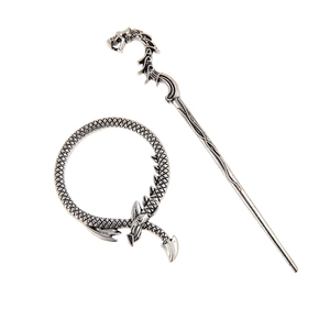 Vintage silver dragon hair cuff set with carved hairpin in a retro y2k aesthetic