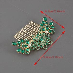 Elegant gold flower hair comb with emerald crystals and pearls for bridal styling