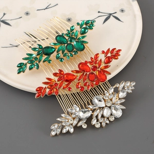 Vintage alloy hair combs set with colorful leaf-shaped rhinestones and gold plating