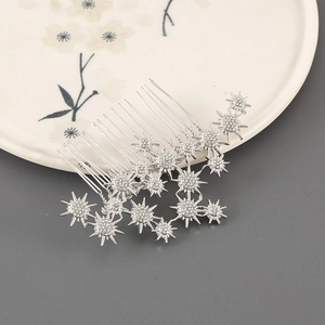 Elegant 7-tooth silver hair comb with rhinestone star charms and faux pearl accents