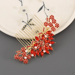 Peigne à cheveux de mariée doré avec cristaux rouges et perles, motif papillon et fleurs