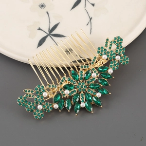 Peigne à cheveux doré élégant avec strass vert émeraude et perles pour coiffure de mariée