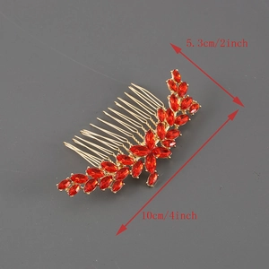 Elegant gold bridal hair comb with red rhinestone flowers, measuring 10cm by 5.3cm