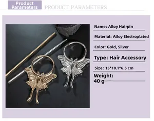 Detailed close-up of intricate vintage alloy moth hairpin in gold and silver finish