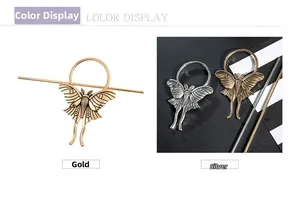 Detail view of retro moth alloy hairpins in polished gold and silver finishes