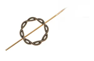 Detailed view of bronze alloy hair pin with woven twist rope ring design for women