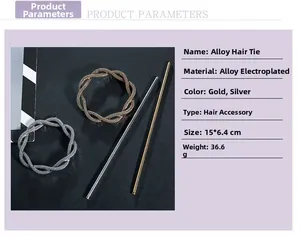 Detail specifications of alloy hair sticks in gold and silver showing size 15x6.4cm