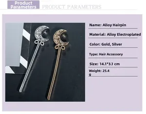 Detailed view of crescent moon hair stick showing gold and silver alloy finish and size