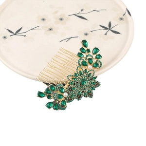 Floral crystal hair comb with green rhinestones and white pearls on gold metal frame