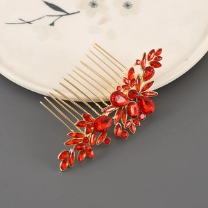 Vintage gold alloy hair comb with red rhinestones in floral leaf design for brides