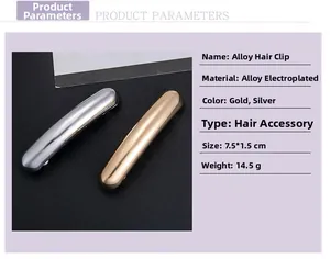 Detailed view of gloss alloy hair clips in gold and silver showing 7.5x1.5cm dimensions