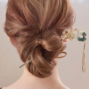 Pic à Cheveux en Alliage de Style Chinois Avec Glands en Imitation Jade Dragon Fleur Bijoux de Cheveux Rétro pour Femmes