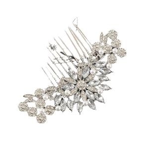 Peigne à cheveux de mariée avec fleurs en strass argentés et perles pour coiffures de mariage