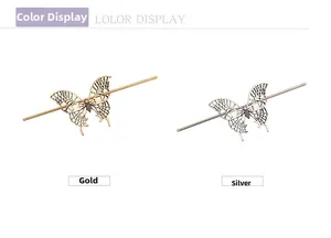 Detailed pair of hollow butterfly hair pins in gold and silver finish with retro style