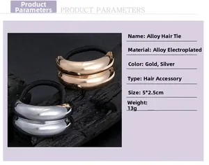 Detailed size view of retro geometric metal hair tie in gold and silver plating