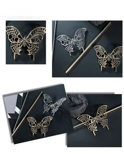 Detailed views of the hollow butterfly hair pin with gold and silver metal textures