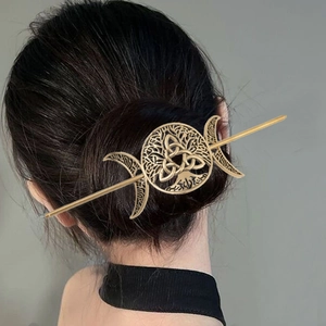 Vintage Alloy Hair Stick Celtic Knot Tree Of Life Triple Moon Hair Slide Hollow Out Viking Hair Accessory For Women