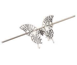 Detailed macro view of a silver hollow butterfly hair stick with intricate wing textures