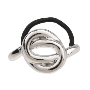 Minimalist silver alloy knot hair tie with black high-elastic band on white background