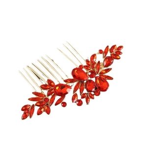 Vintage gold alloy hair combs with red crystal leaf patterns for bridal styling
