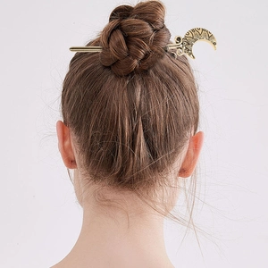 Vintage Alloy Crescent Moon Hair Stick Engraved Mandala Hair Fork For Women Bohemian Ethnic Style Minimalist Hairpin
