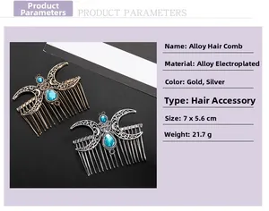 Detailed size chart for vintage alloy hair combs with crescent moon and star patterns