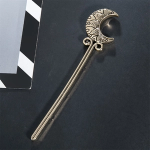 Vintage crescent moon hair stick in antique gold alloy with bohemian floral engravings