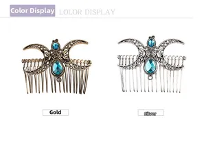 Detail showing antique gold and silver hair combs with blue stones and moon patterns