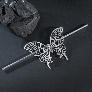 New Chinese style butterfly hair pin with hollow carved design in antique silver finish