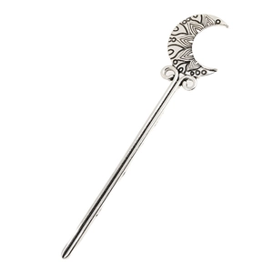 Vintage silver crescent moon hair pin with mandala pattern engraving for women