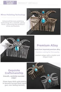Detailed macro view of gothic hair comb with moon phases and blue teardrop gemstone